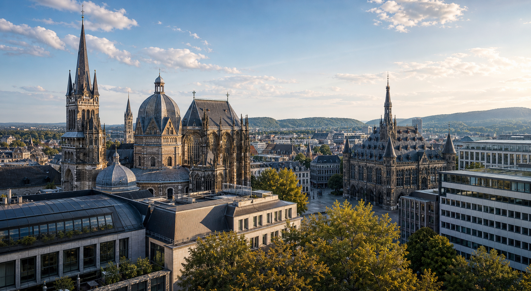 AI-generated city view of Aachen with cathedral and town hall