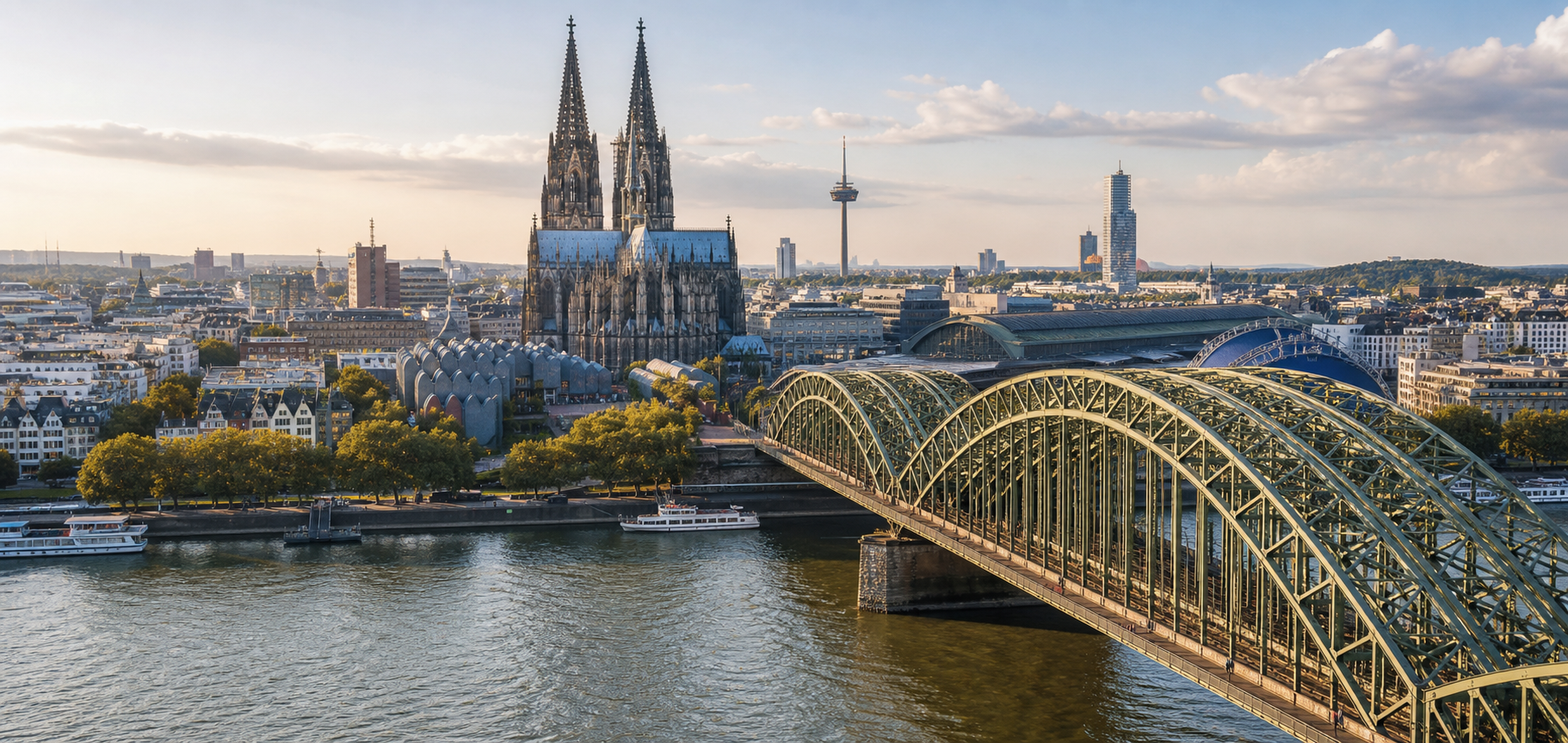 AI-generated city view of Cologne with cathedral, Rhine and Hohenzollern Bridge