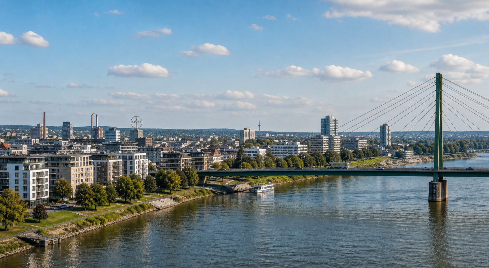 AI-generated city view of Leverkusen with the Rhine and Bayer Cross