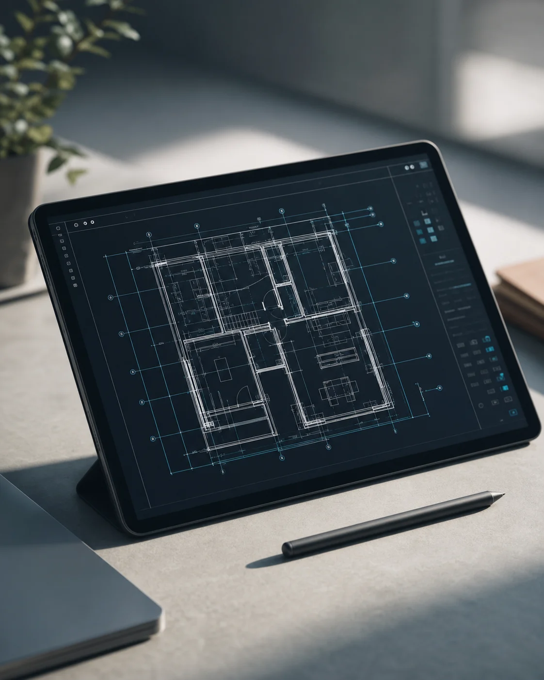 Digital floor plan on a tablet as a symbol of technical analysis
